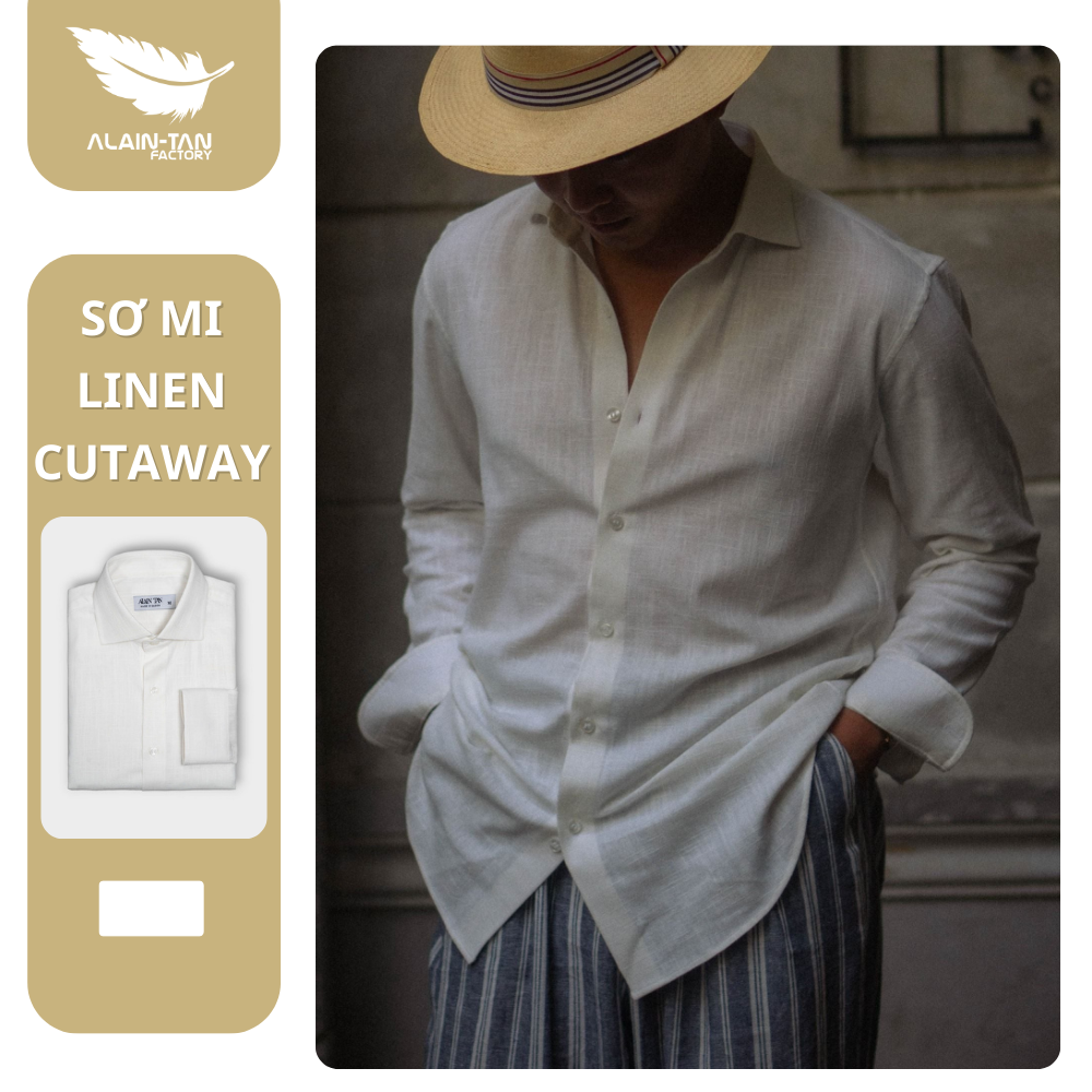 Áo sơ mi nam Linen Trắng cổ áo cutaway phong cách Italiano