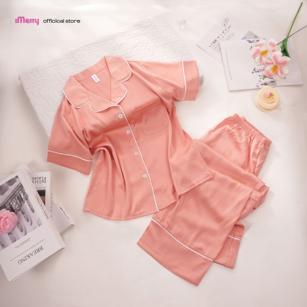 BỘ ĐỒ NGỦ LỤA iMerry TAY NGẮN QUẦN DÀI HỌA TIẾT TRƠN MỀM MẠI THOÁNG MÁT THANH LỊCH CHO NỮ BD010