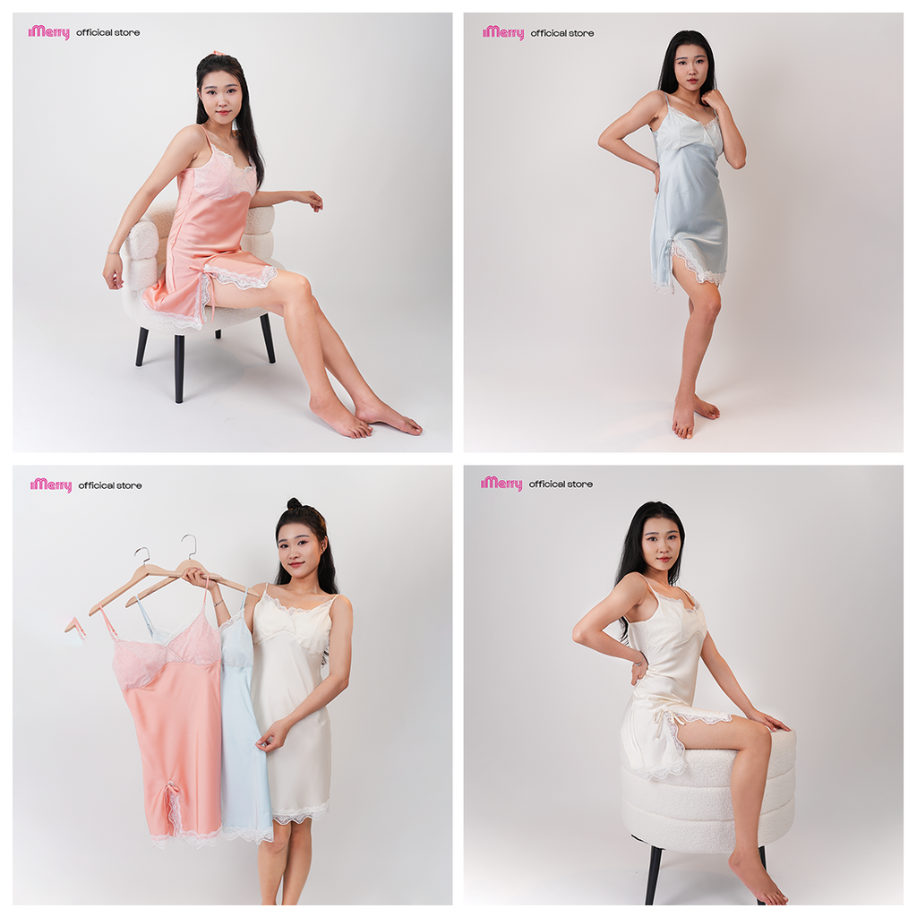 Đầm ngủ nữ hai dây phối ren iMerry chất liệu lụa Latin cao cấp mềm mại thoáng mát đồ ngủ mặc nhà xẻ tà quyến rũ DN001