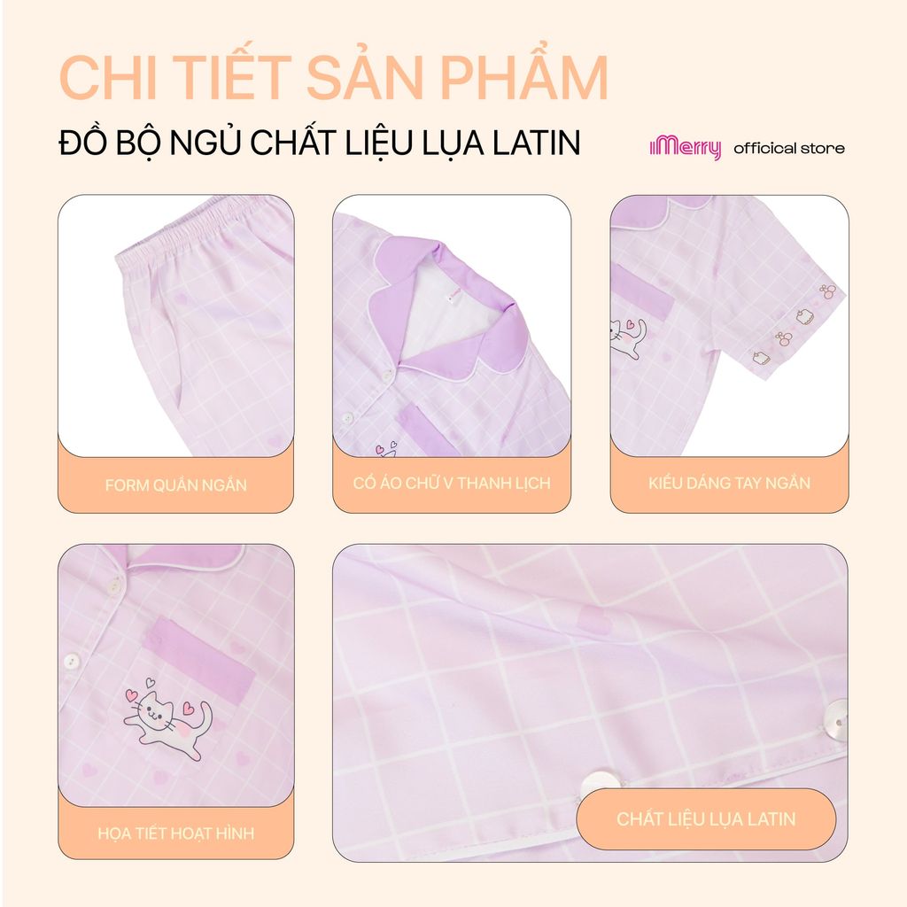 Bộ pyjama lụa nữ iMerry tay ngắn quần ngắn họa tiết mèo dễ thương đính nút ốc xà cừ cao cấp BD007