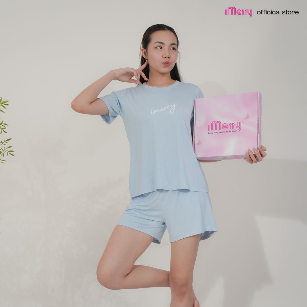 Đồ bộ đồ mặc nhà Pijama đùi nữ cổ tròn iMerry chất sợi tre tay ngắn quần ngắn co giãn thoáng mát họa tiết trơn BD015