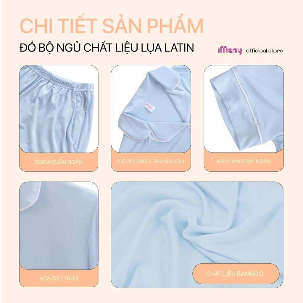 Bộ Pijama Chérie Bamboo By iMerry chất sợi tre tay ngắn quần ngắn thoáng mát họa tiết trơn BD016