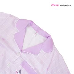 Bộ pyjama lụa nữ iMerry tay ngắn quần ngắn họa tiết mèo dễ thương đính nút ốc xà cừ cao cấp BD007