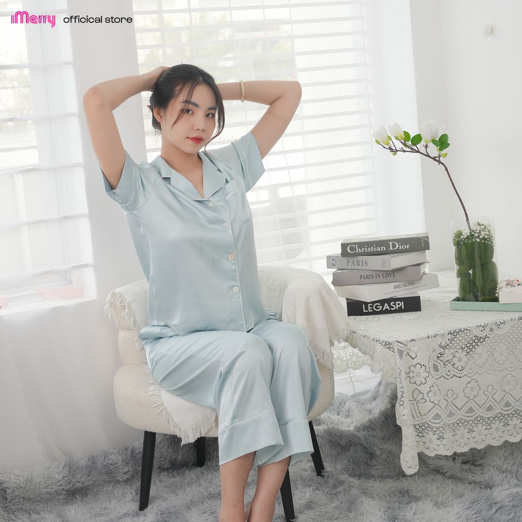 BỘ ĐỒ NGỦ LỤA iMerry TAY NGẮN QUẦN DÀI HỌA TIẾT TRƠN MỀM MẠI THOÁNG MÁT THANH LỊCH CHO NỮ BD010