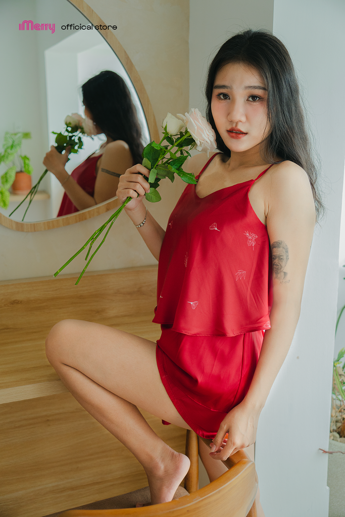 Bộ ngủ lụa ngắn hai lớp iMerry chất lụa latin cao cấp mềm mại thoáng mát năng động trẻ trung BD004