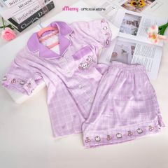 Bộ pyjama lụa nữ iMerry tay ngắn quần ngắn họa tiết mèo dễ thương đính nút ốc xà cừ cao cấp BD007