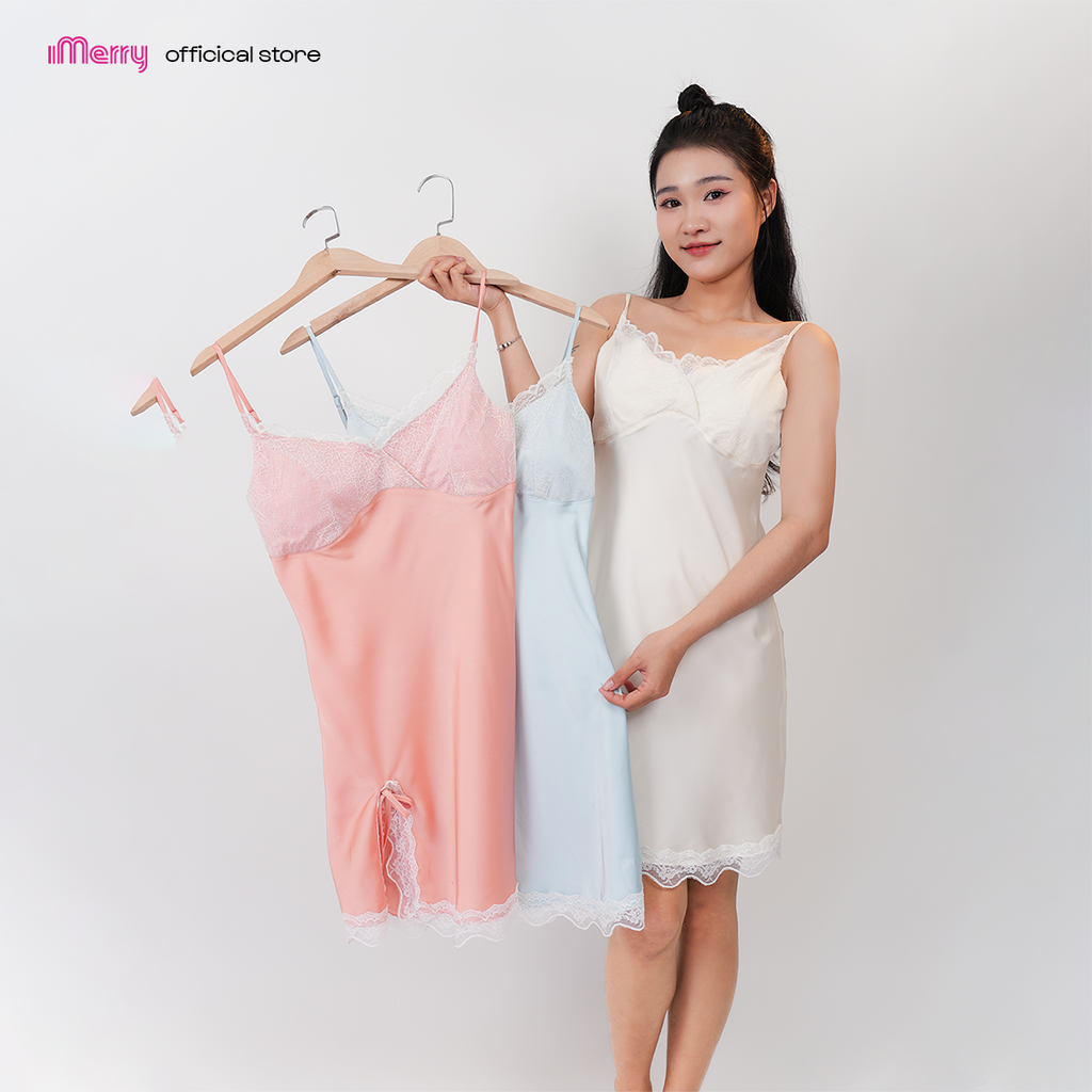 Đầm ngủ nữ hai dây phối ren iMerry chất liệu lụa Latin cao cấp mềm mại thoáng mát đồ ngủ mặc nhà xẻ tà quyến rũ DN001