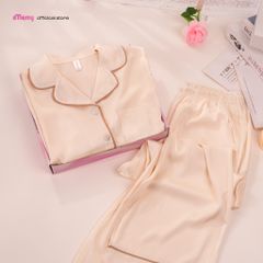 BỘ ĐỒ NGỦ LỤA iMerry TAY NGẮN QUẦN DÀI HỌA TIẾT TRƠN MỀM MẠI THOÁNG MÁT THANH LỊCH CHO NỮ BD010