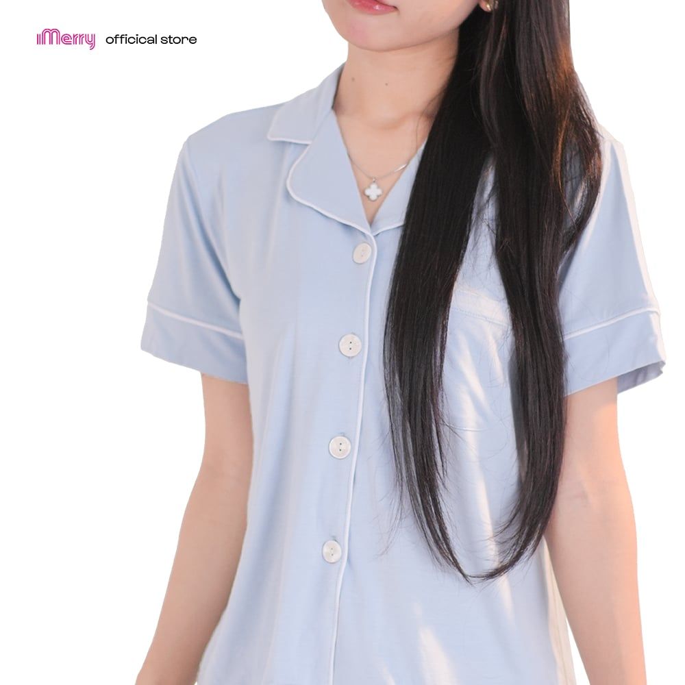 Bộ Pijama Chérie Bamboo By iMerry chất sợi tre tay ngắn quần ngắn thoáng mát họa tiết trơn BD016