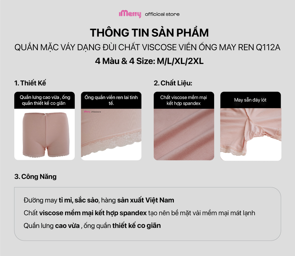 Combo 4 quần mặc váy nữ iMERRY dạng đùi chất vải VISCOSE phối chân ren cao cấp ôm trọn vòng ba VQ112A