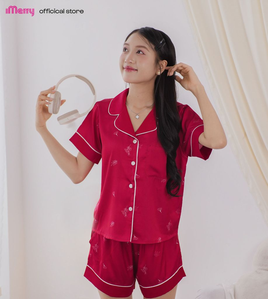 Bộ pyjama đùi lụa cao cấp iMerry chất latin, đồ bộ mặc nhà tay ngắn quần ngắn họa tiết in hoa BD011