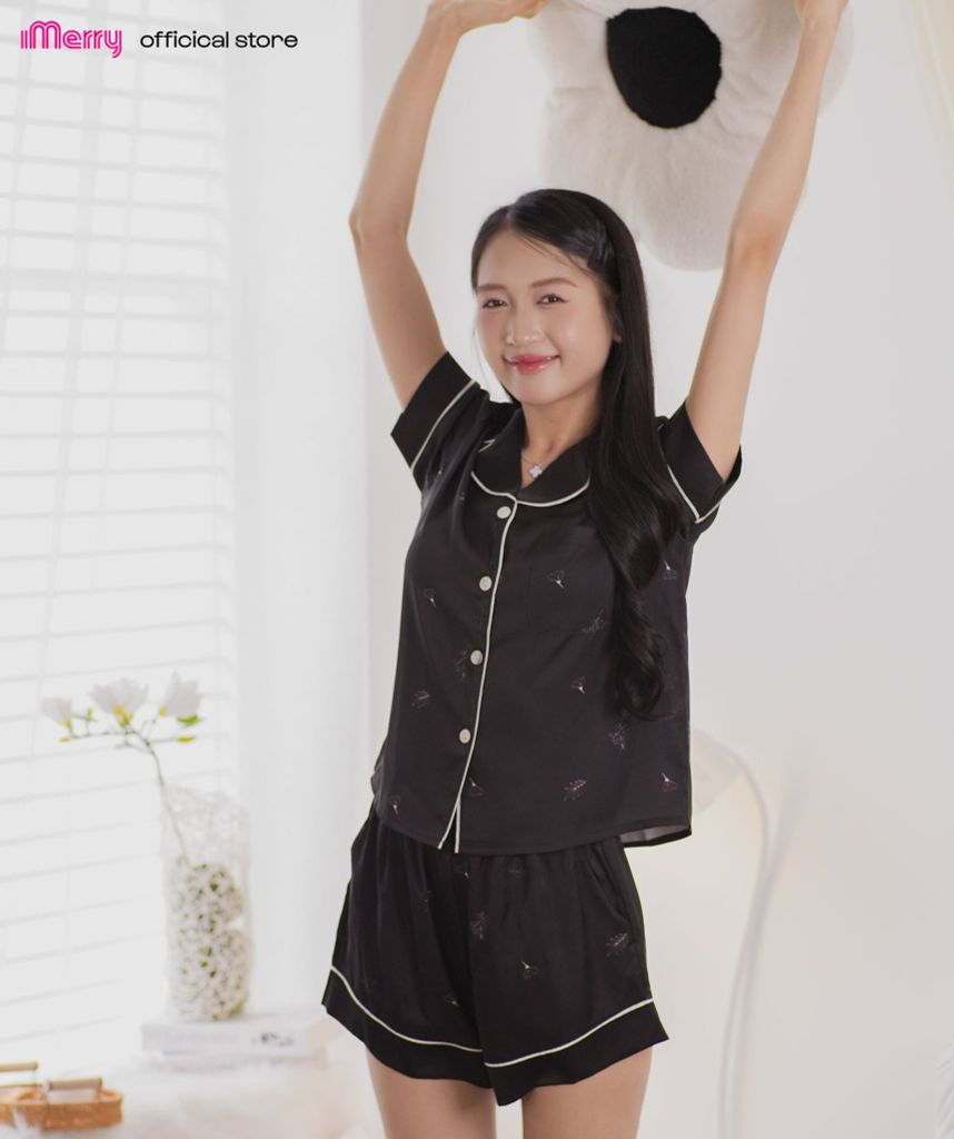 Bộ pyjama đùi lụa cao cấp iMerry chất latin, đồ bộ mặc nhà tay ngắn quần ngắn họa tiết in hoa BD011