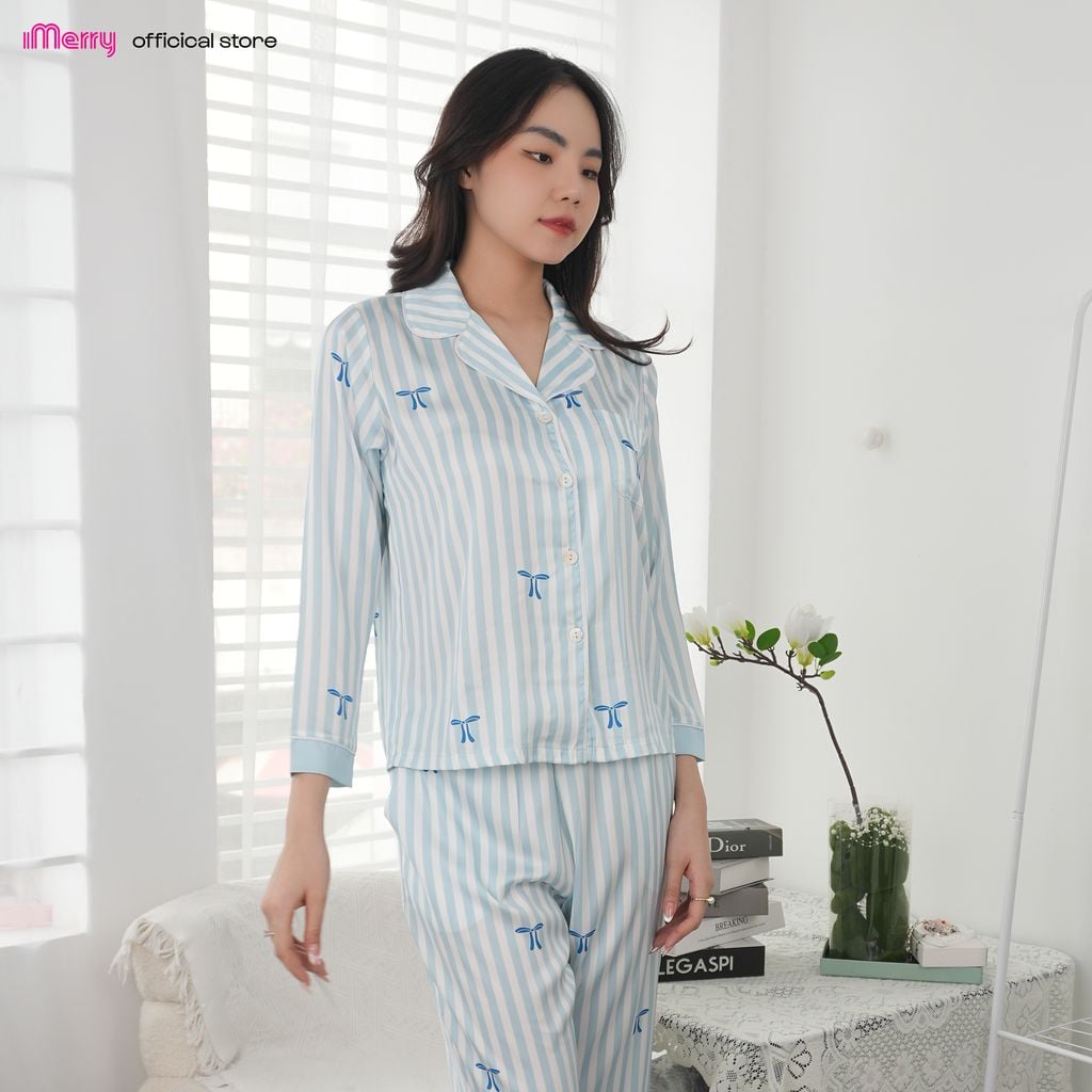 Bộ đồ ngủ nữ Pijama iMerry lụa trơn tay dài quần dài thiết kế sọc trẻ trung thanh lịch BD009