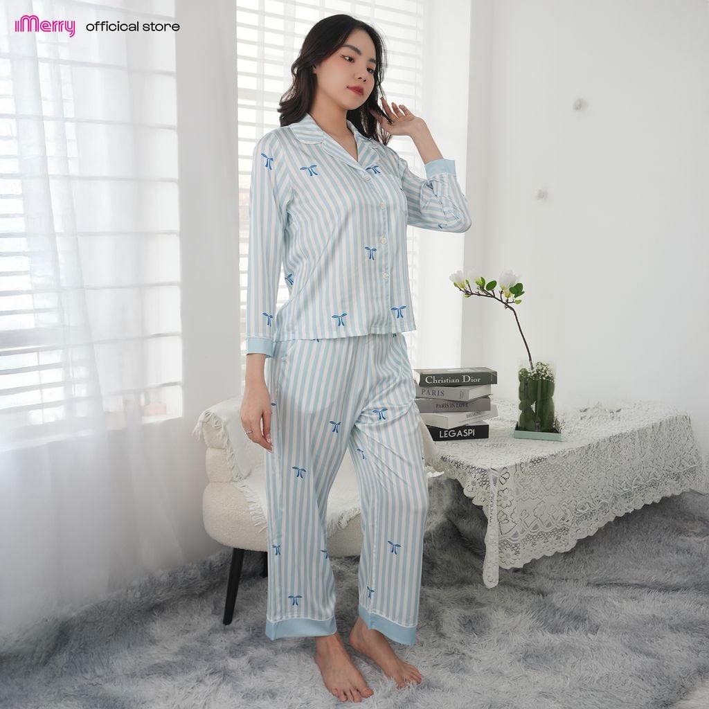 Bộ đồ ngủ nữ Pijama iMerry lụa trơn tay dài quần dài thiết kế sọc trẻ trung thanh lịch BD009