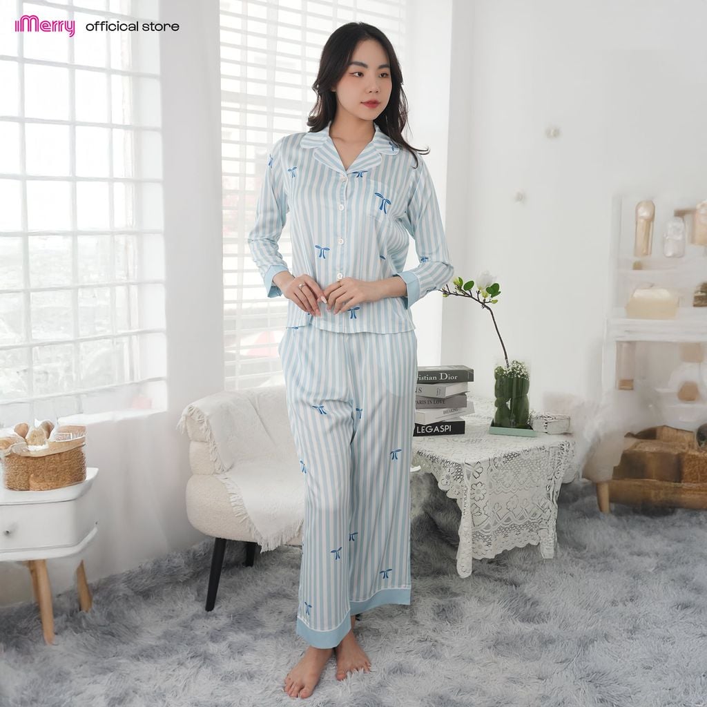 Bộ đồ ngủ nữ Pijama iMerry lụa trơn tay dài quần dài thiết kế sọc trẻ trung thanh lịch BD009