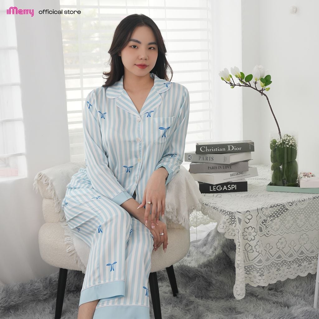 Bộ đồ ngủ nữ Pijama iMerry lụa trơn tay dài quần dài thiết kế sọc trẻ trung thanh lịch BD009