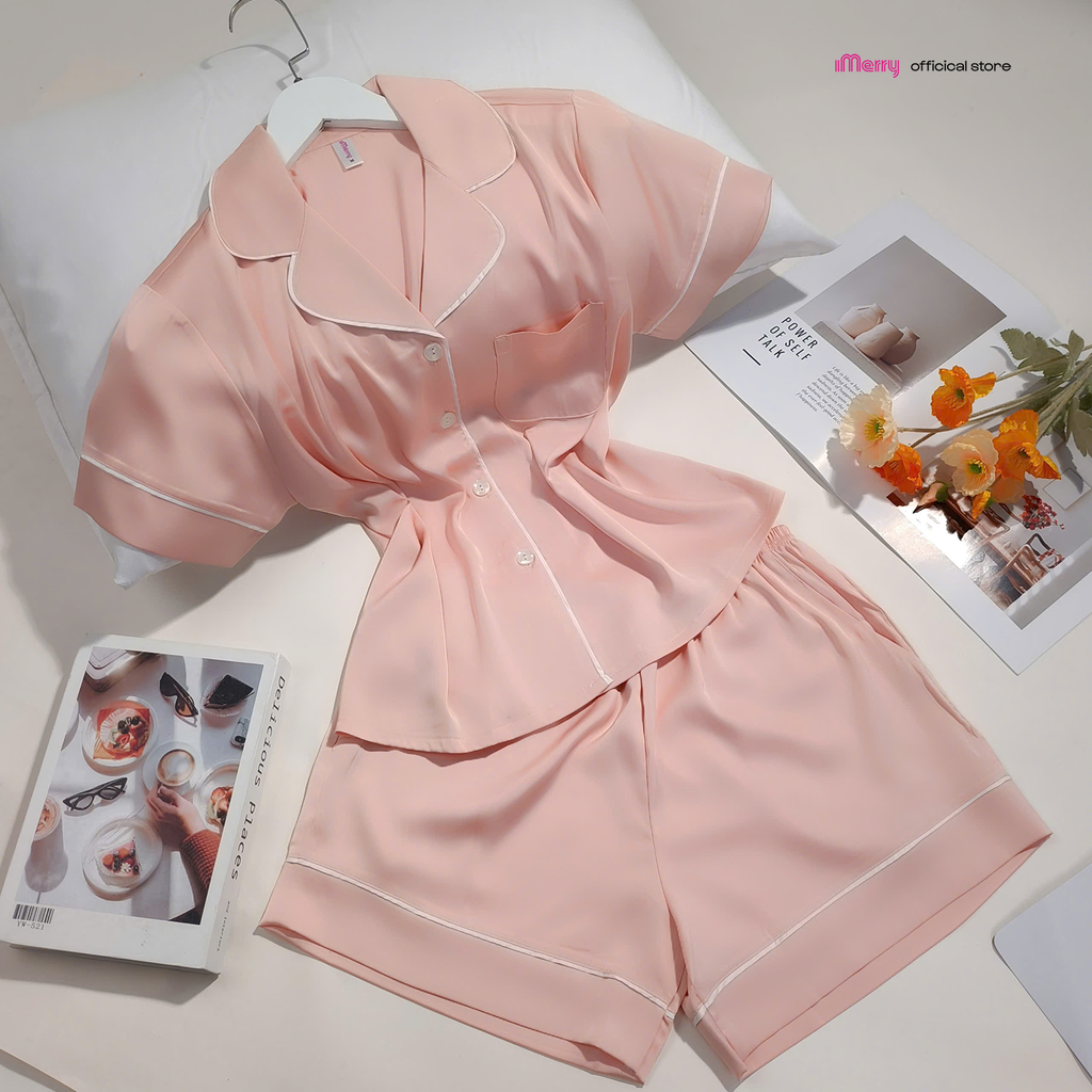Bộ pyjama đùi lụa cao cấp iMerry chất latin, đồ bộ mặc nhà tay ngắn quần ngắn họa tiết trơn BD012