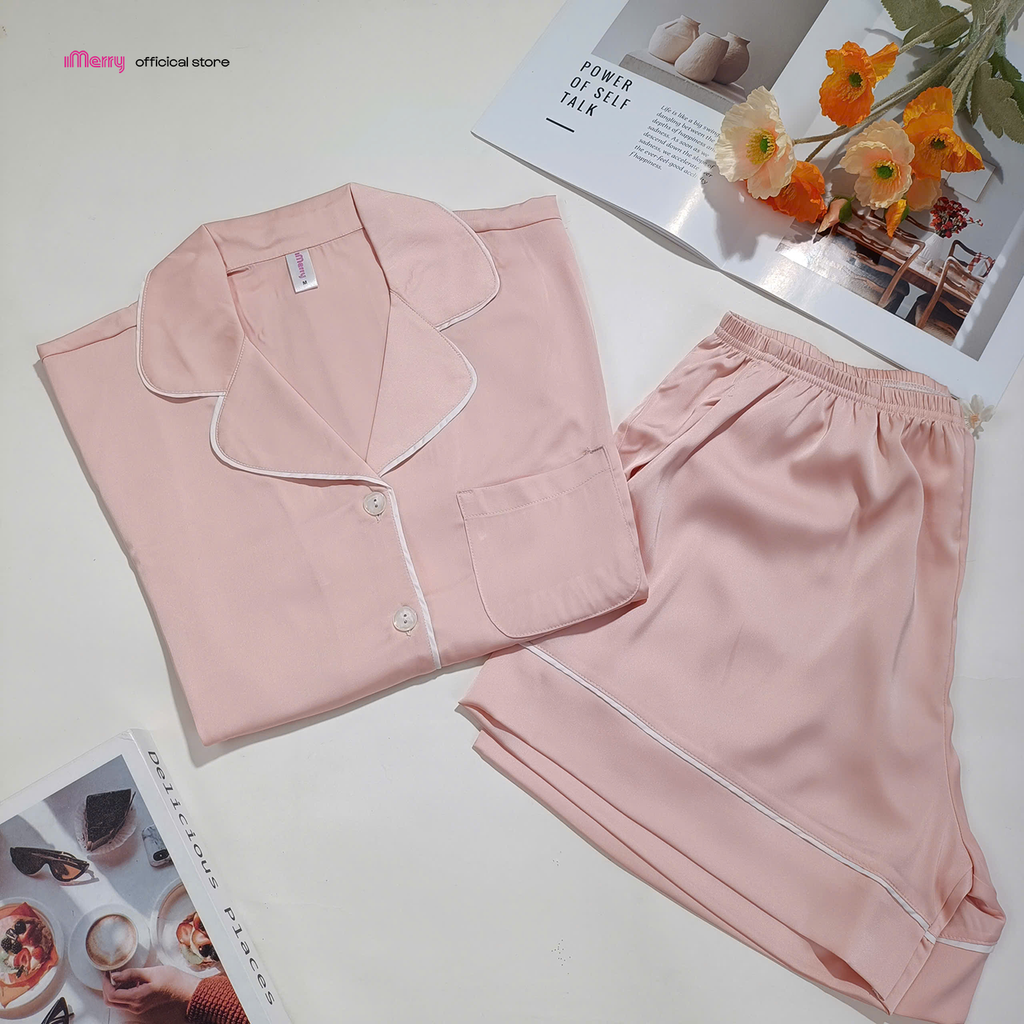 Bộ pyjama đùi lụa cao cấp iMerry chất latin, đồ bộ mặc nhà tay ngắn quần ngắn họa tiết trơn BD012