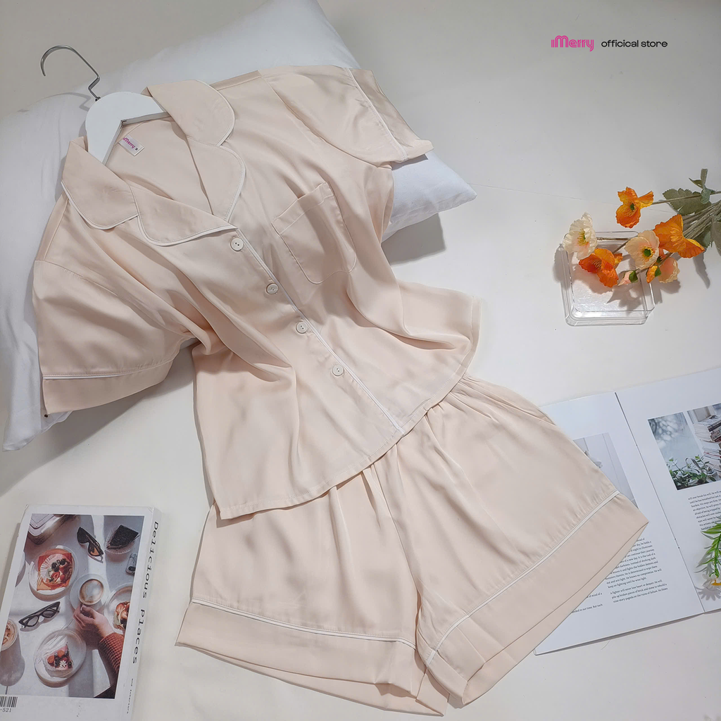 Bộ pyjama đùi lụa cao cấp iMerry chất latin, đồ bộ mặc nhà tay ngắn quần ngắn họa tiết trơn BD012