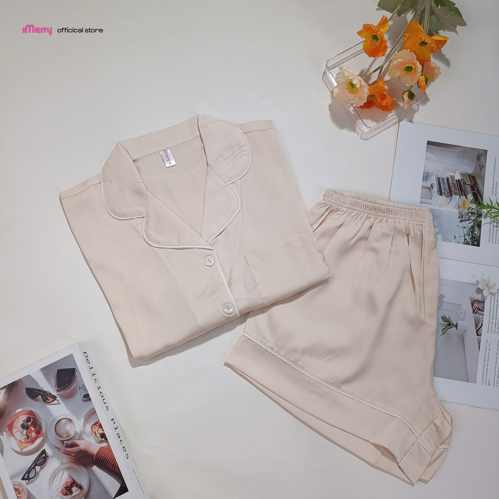 Bộ pyjama đùi lụa cao cấp iMerry chất latin, đồ bộ mặc nhà tay ngắn quần ngắn họa tiết trơn BD012
