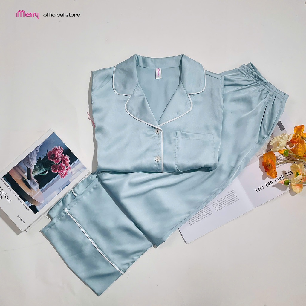 BỘ ĐỒ NGỦ LỤA iMerry TAY NGẮN QUẦN DÀI HỌA TIẾT TRƠN MỀM MẠI THOÁNG MÁT THANH LỊCH CHO NỮ BD010