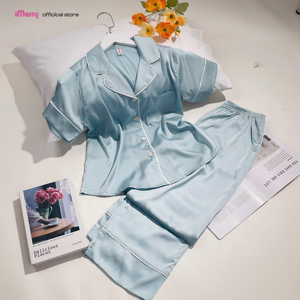 BỘ ĐỒ NGỦ LỤA iMerry TAY NGẮN QUẦN DÀI HỌA TIẾT TRƠN MỀM MẠI THOÁNG MÁT THANH LỊCH CHO NỮ BD010