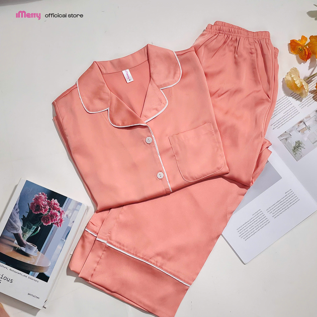 BỘ ĐỒ NGỦ LỤA iMerry TAY NGẮN QUẦN DÀI HỌA TIẾT TRƠN MỀM MẠI THOÁNG MÁT THANH LỊCH CHO NỮ BD010