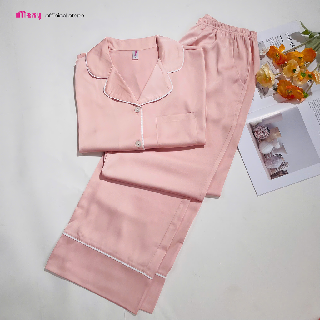 BỘ ĐỒ NGỦ LỤA iMerry TAY NGẮN QUẦN DÀI HỌA TIẾT TRƠN MỀM MẠI THOÁNG MÁT THANH LỊCH CHO NỮ BD010