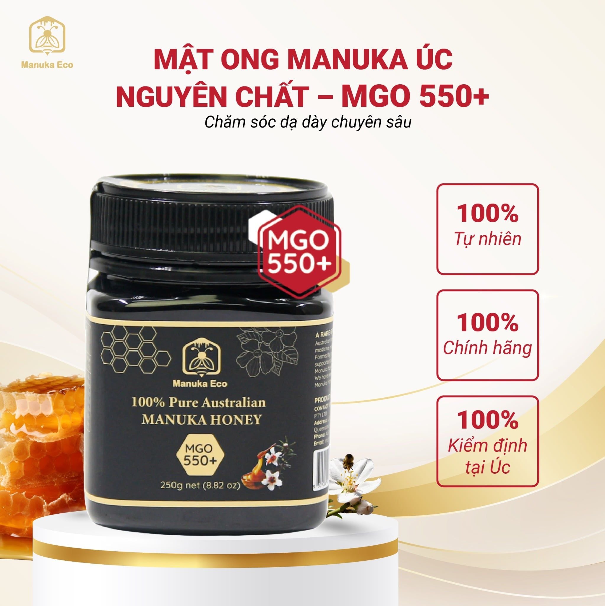  Mật Ong Manuka Eco MGO 550+ – Hỗ Trợ Kháng Viêm, Đề Kháng Cao | Nhập Khẩu Úc 
