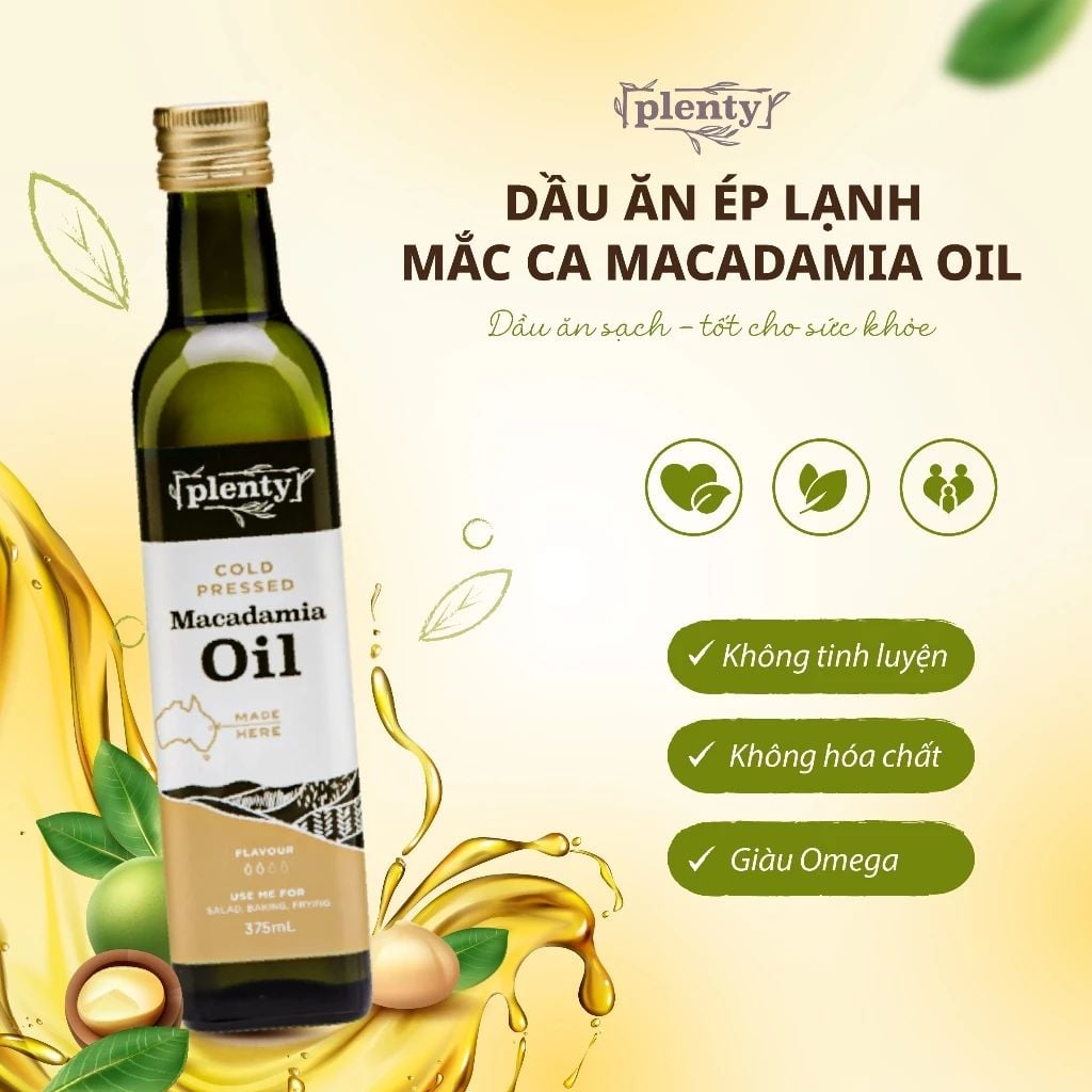  Dầu ăn ép lạnh Mắc Ca Plenty 375ml giàu Omega 7 - Hỗ  Trợ Giảm Lão Hóa, Tốt Cho Tóc Da | Nhập Khẩu Úc 