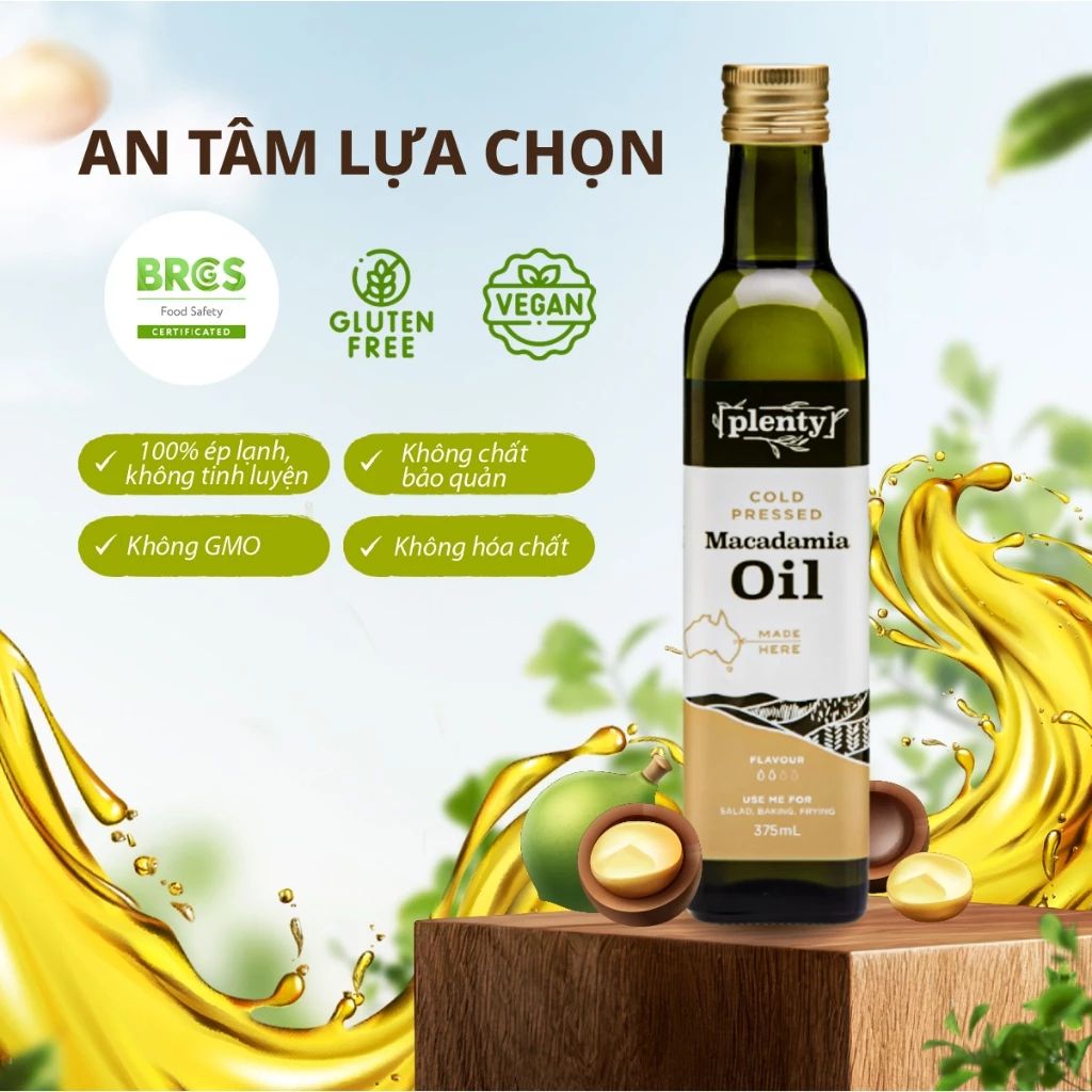  Dầu ăn ép lạnh Mắc Ca Plenty 375ml giàu Omega 7 - Hỗ  Trợ Giảm Lão Hóa, Tốt Cho Tóc Da | Nhập Khẩu Úc 