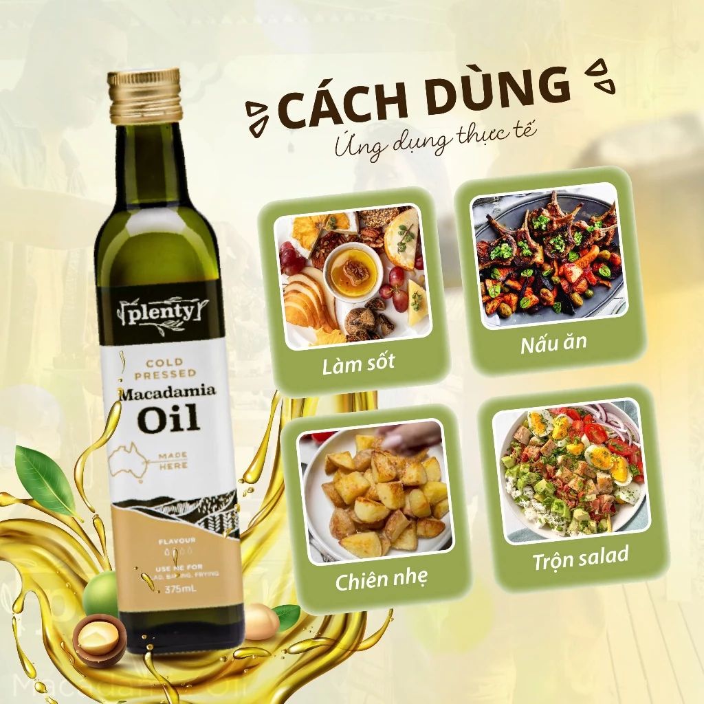  Dầu ăn ép lạnh Mắc Ca Plenty 375ml giàu Omega 7 - Hỗ  Trợ Giảm Lão Hóa, Tốt Cho Tóc Da | Nhập Khẩu Úc 