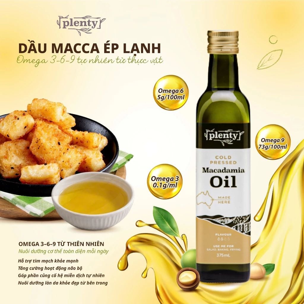  Dầu ăn ép lạnh Mắc Ca Plenty 375ml giàu Omega 7 - Hỗ  Trợ Giảm Lão Hóa, Tốt Cho Tóc Da | Nhập Khẩu Úc 