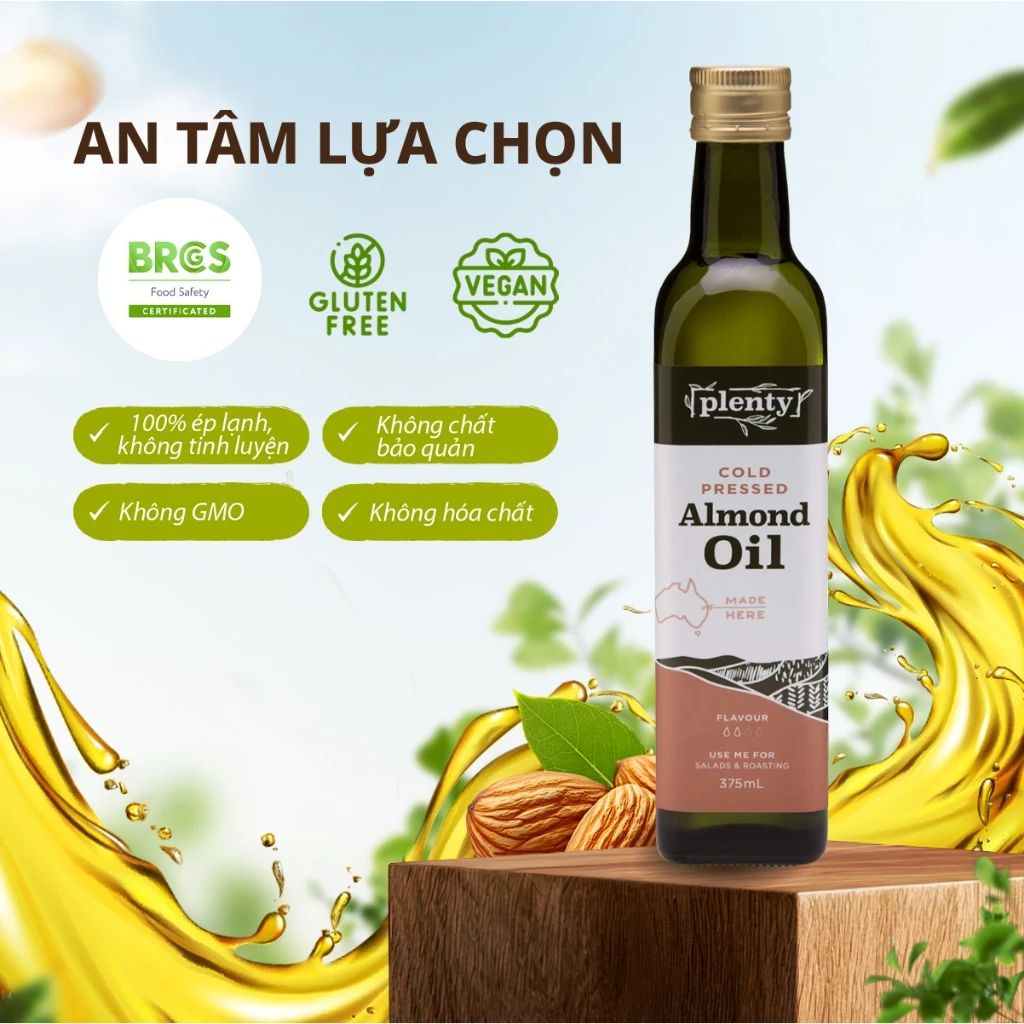  Dầu hạnh nhân ép lạnh Plenty Úc 375ml - Giàu Vitamin E, Tốt Cho Tim | Nhập Khẩu Úc 