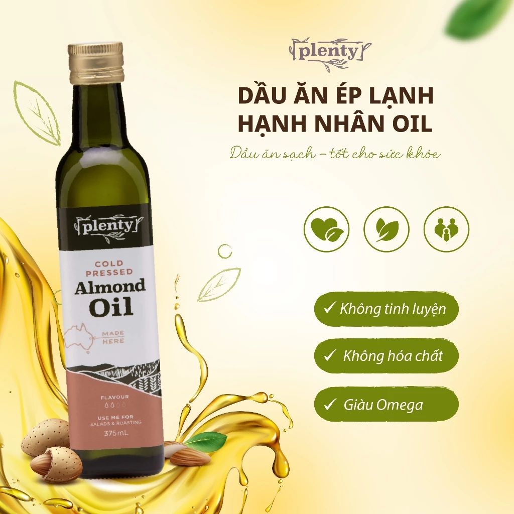  Dầu hạnh nhân ép lạnh Plenty Úc 375ml - Giàu Vitamin E, Tốt Cho Tim | Nhập Khẩu Úc 