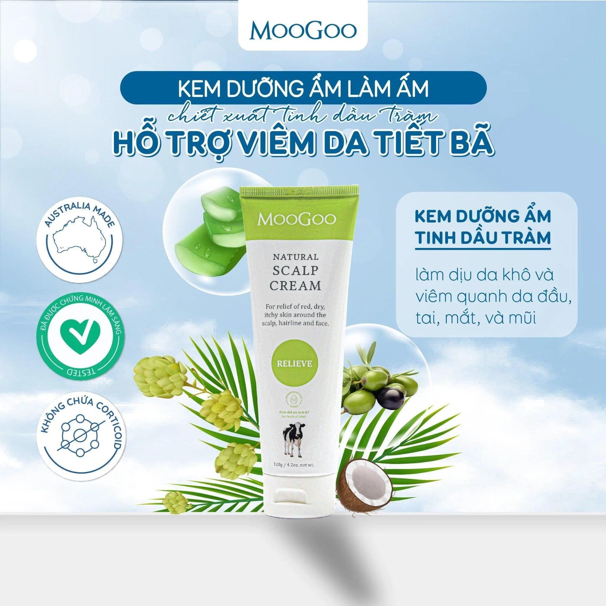  KEM DƯỠNG ẨM CHIẾT XUẤT TRÀM TRÀ, HỖ TRỢ VIÊM DA TIẾT BÃ MOOGOO 120G 