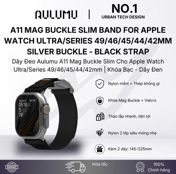  Dây Applewatch Aulumu A11-Dây Đen/Khoá Bạc (44/45/49) 