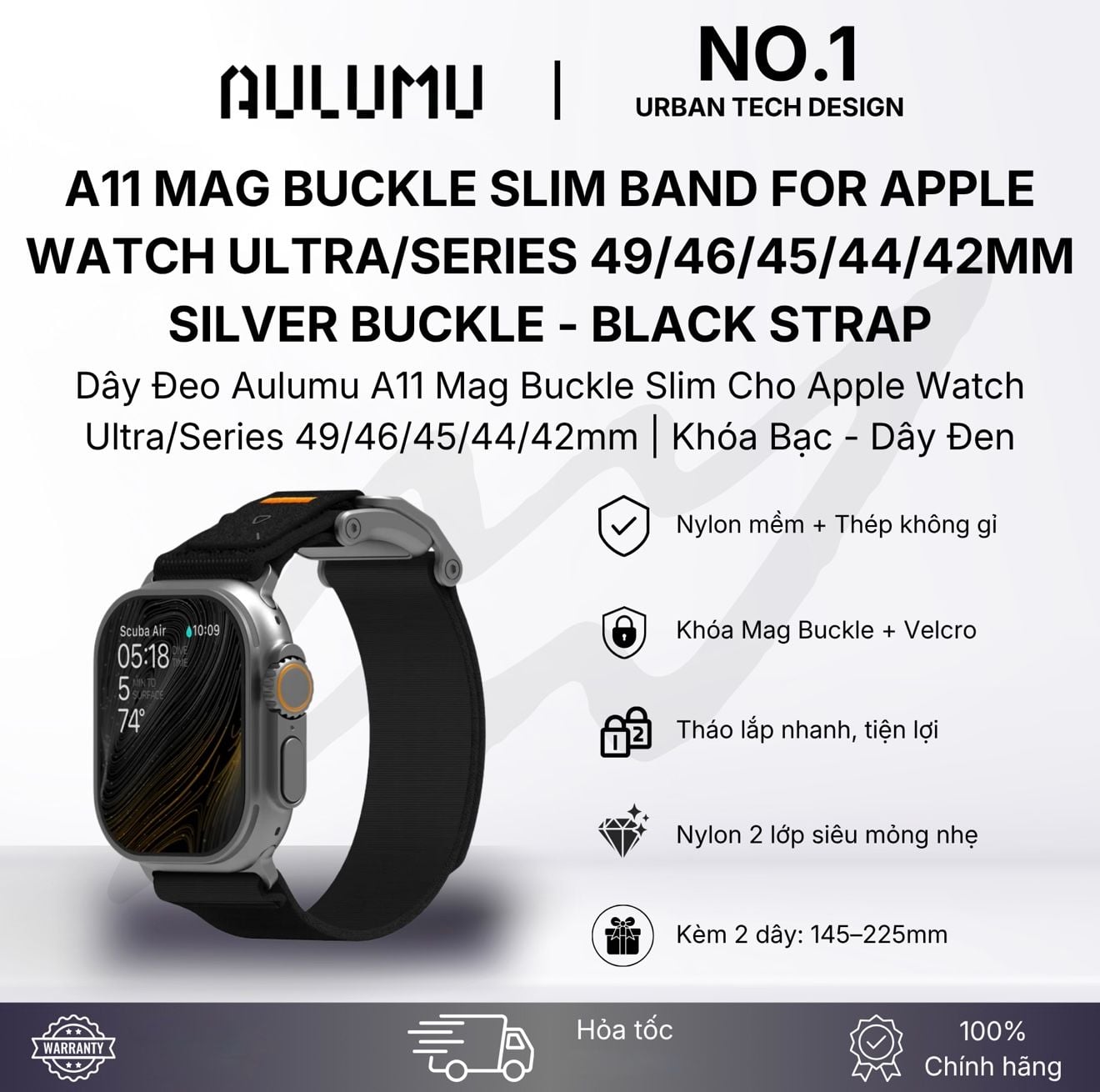 Dây Applewatch Aulumu A11-Dây Đen/Khoá Bạc (44/45/49) 