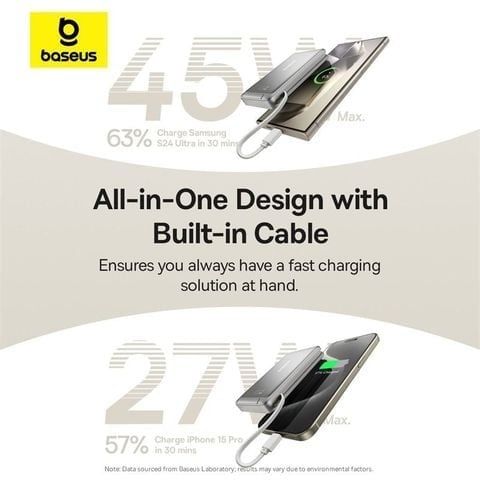  Pin Baseus 10.000mah Nomos 45W Sạc Không Dây Qi2+Cáp - Xám 