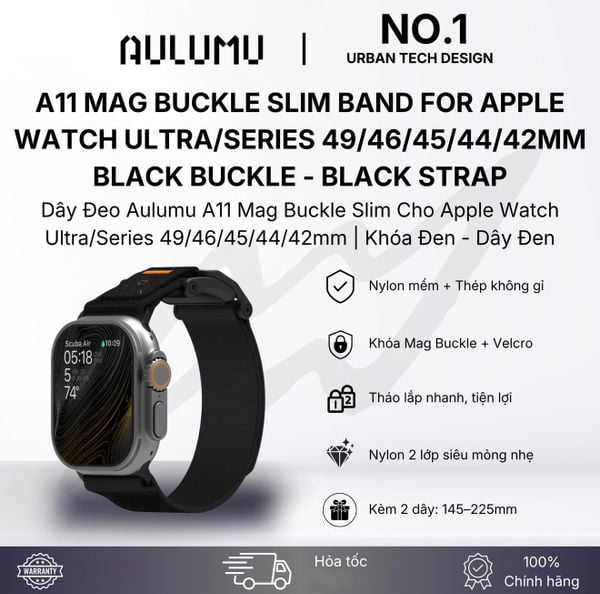  Dây Applewatch Aulumu A11-Dây Đen/Khoá Đen (44/45/49) 