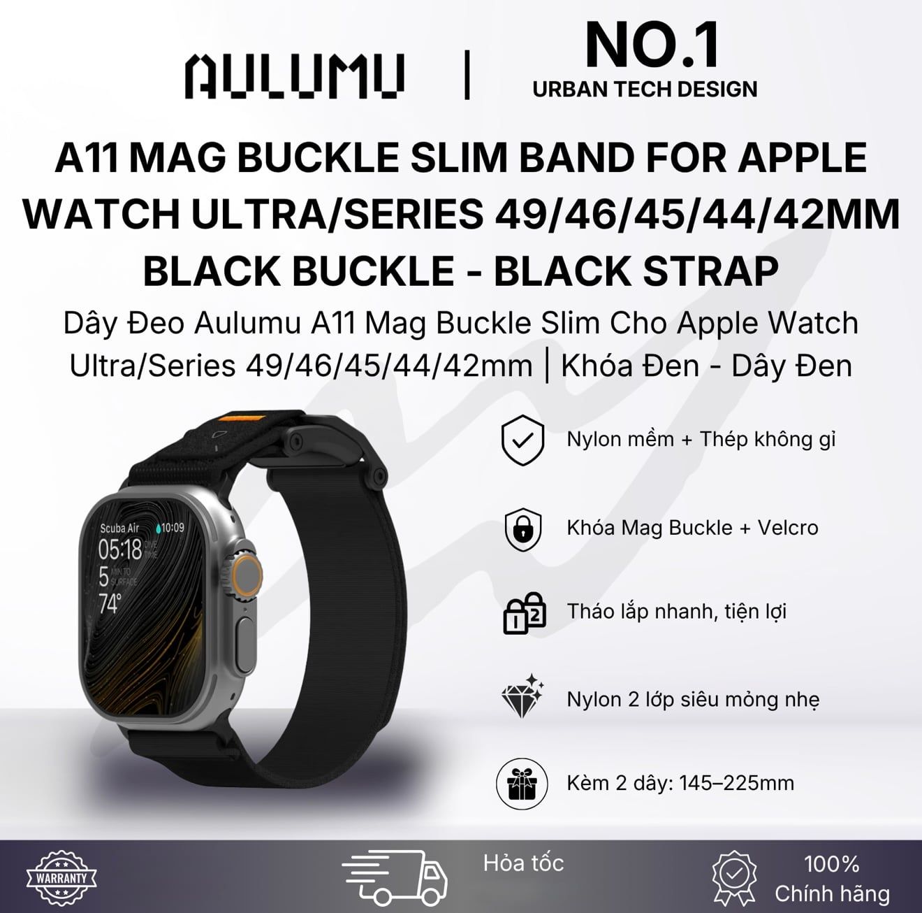  Dây Applewatch Aulumu A11-Dây Đen/Khoá Đen (44/45/49) 