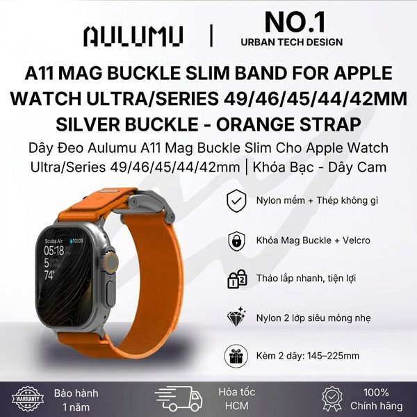  Dây Applewatch Aulumu A11-Dây Cam/Khoá Bạc (44/45/49) 