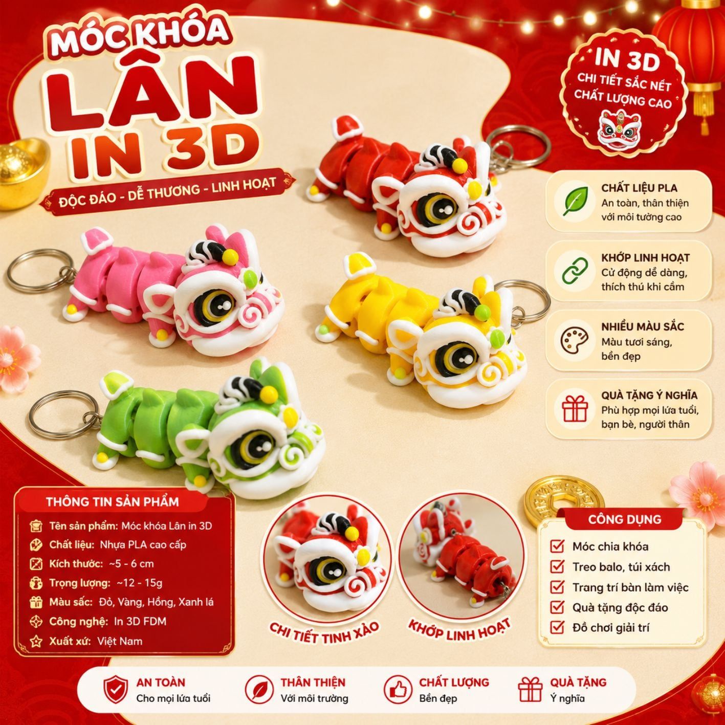Móc Khóa Lân In 3D Treo Chìa Khóa, Balo, Túi Xách, Quà Tặng Độc Đáo