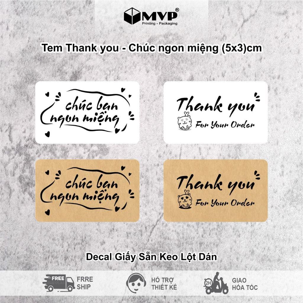 [Giá rẻ] 200 tem Thank you, Chúc Bạn Ngon Miệng, Sticker có keo dán size 5x3cm