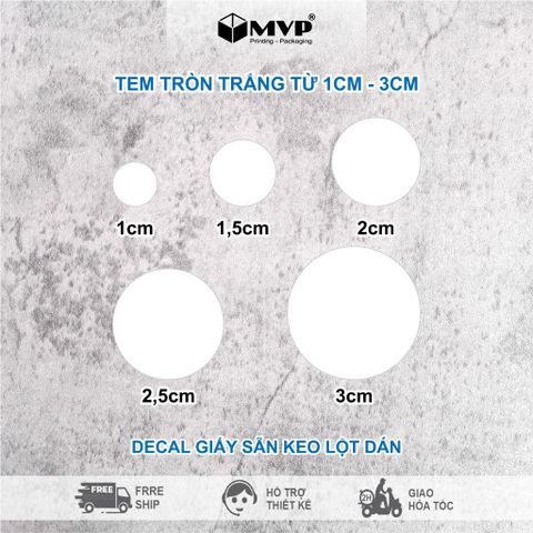  200 Tem nhãn trắng dùng ghi chú, nhãn dán decal hình tròn nhiều size 1 cm, 1,5cm, 2cm, 3cm 