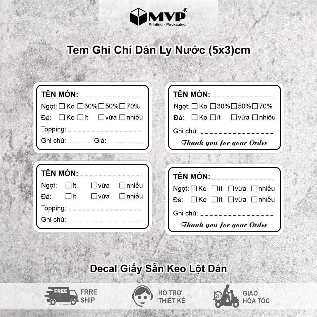 Tem ghi chú dán ly nước, trà sữa, matcha latte, Decal lột dán dùng 1 lần, nhận thiết kế theo yêu cầu