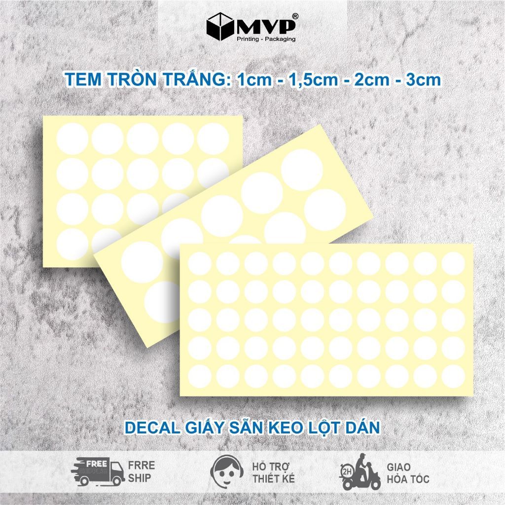 200 Tem nhãn trắng dùng ghi chú, nhãn dán decal hình tròn nhiều size 1 cm, 1,5cm, 2cm, 3cm