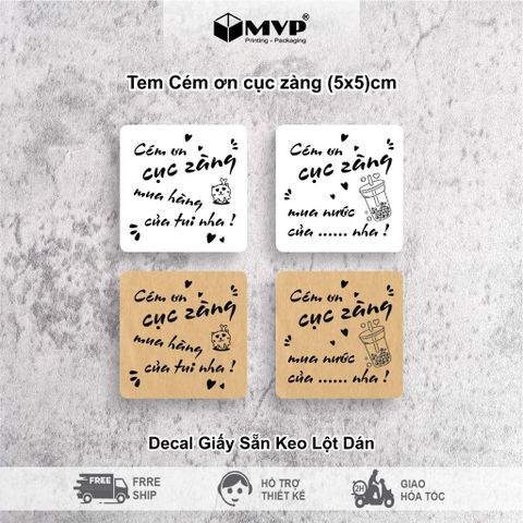  [Giá rẻ] Tem, nhãn cém ơn cục zàng, sticker trang trí có keo dán size 5x5cm Tem dán ly trà sữa 