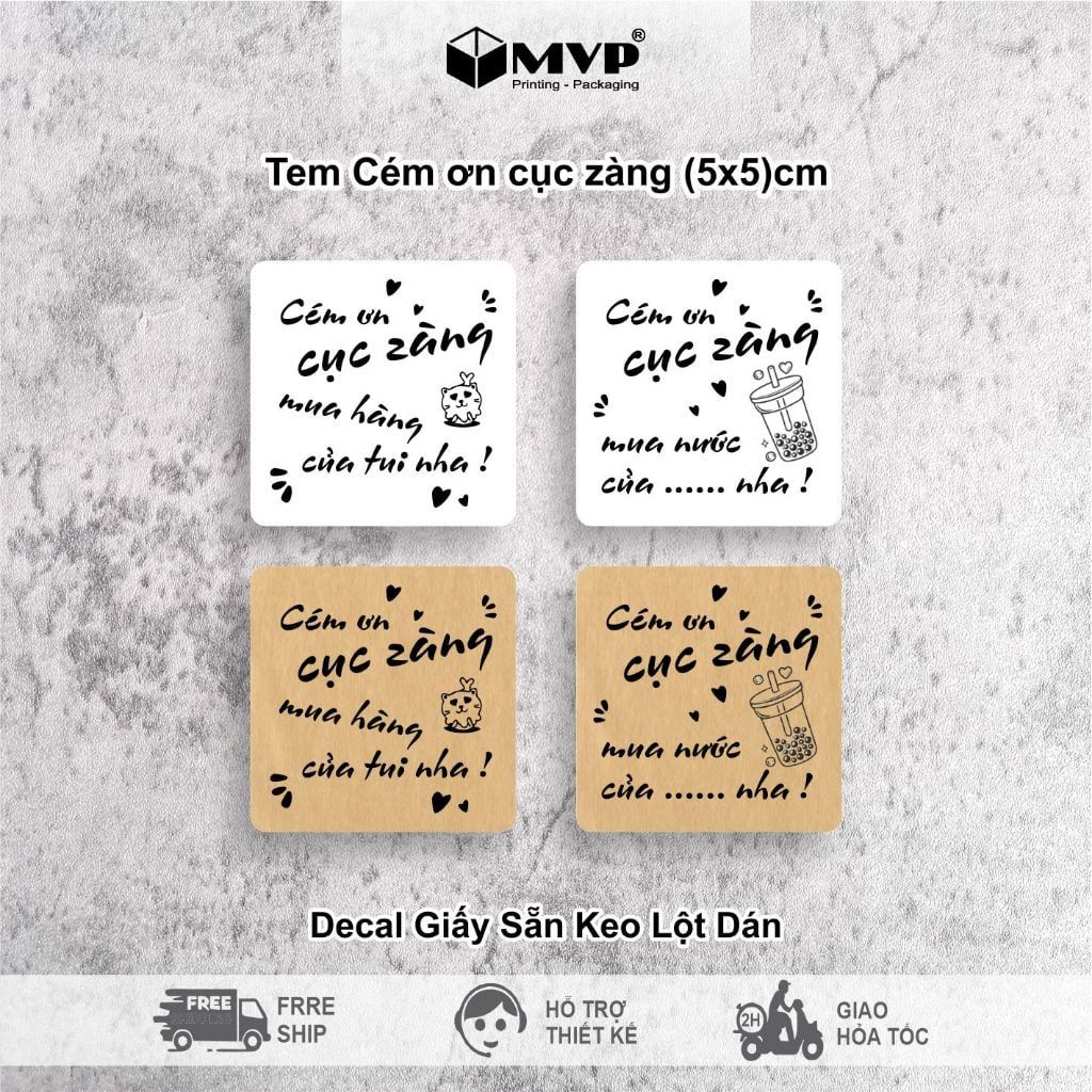 [Giá rẻ] Tem, nhãn cém ơn cục zàng, sticker trang trí có keo dán size 5x5cm Tem dán ly trà sữa