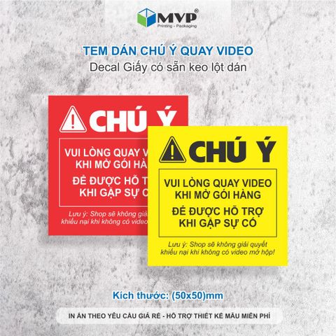  Tem dán quay clip trước khi mở hàng (5x5)cm màu vàng, màu đỏ, Decal giấy cán màng bóng 